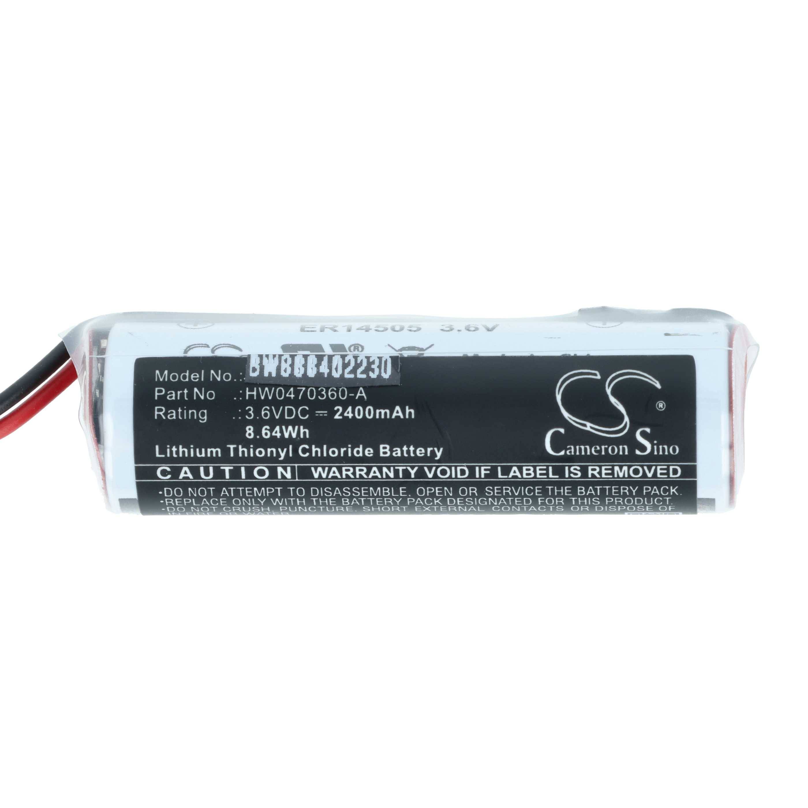 Eine Lithium-Thionylchlorid-Zylinderbatterie mit aufgedruckten Spezifikationen: 3,6V, 2400mAh, 8,64cm. Enthält Herstellerangaben und Warnhinweise.