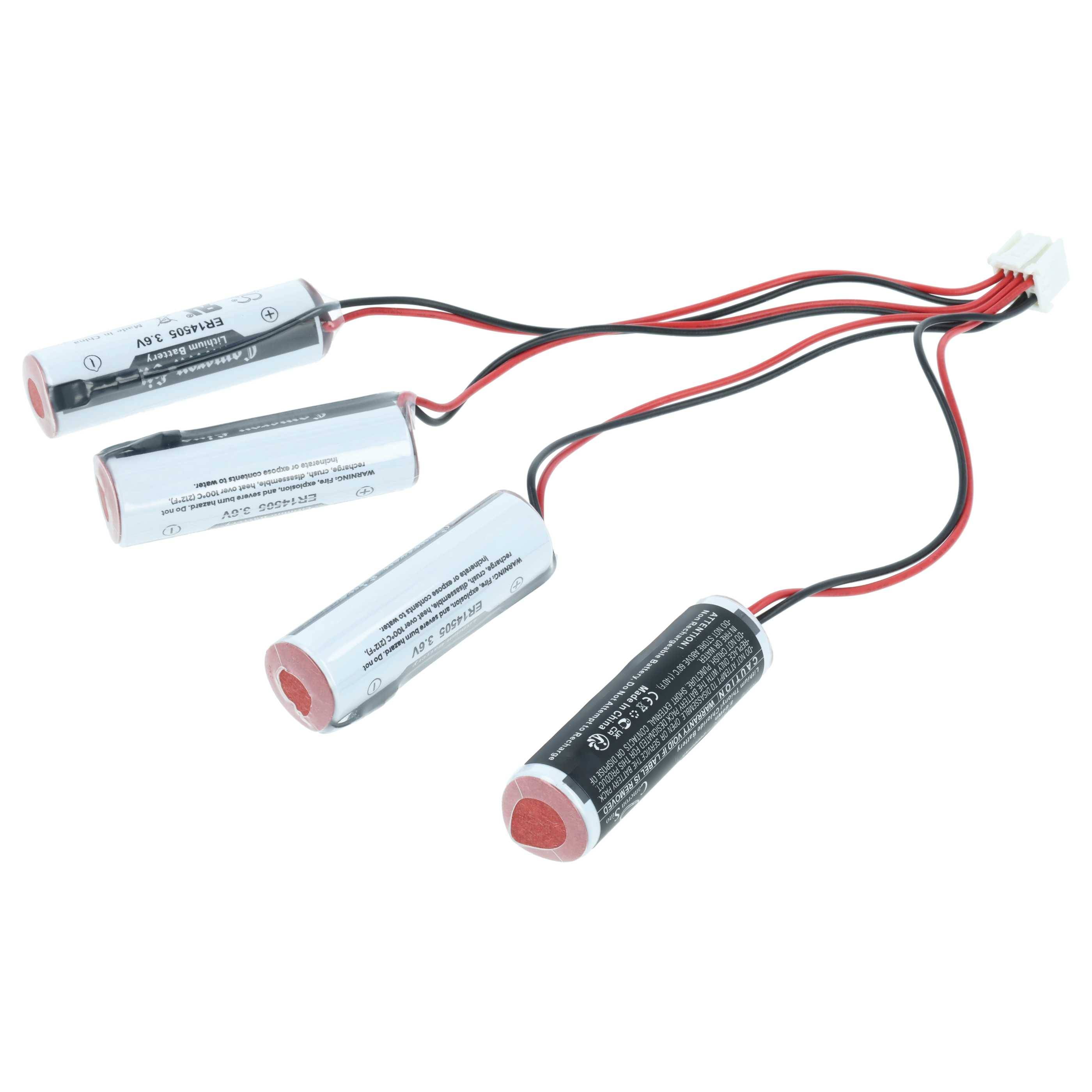 Vier zylindrische Lithium-Ionen-Batterien, die durch rote und schwarze Kabel miteinander verbunden sind und zur Stromversorgung elektronischer Geräte verwendet werden.