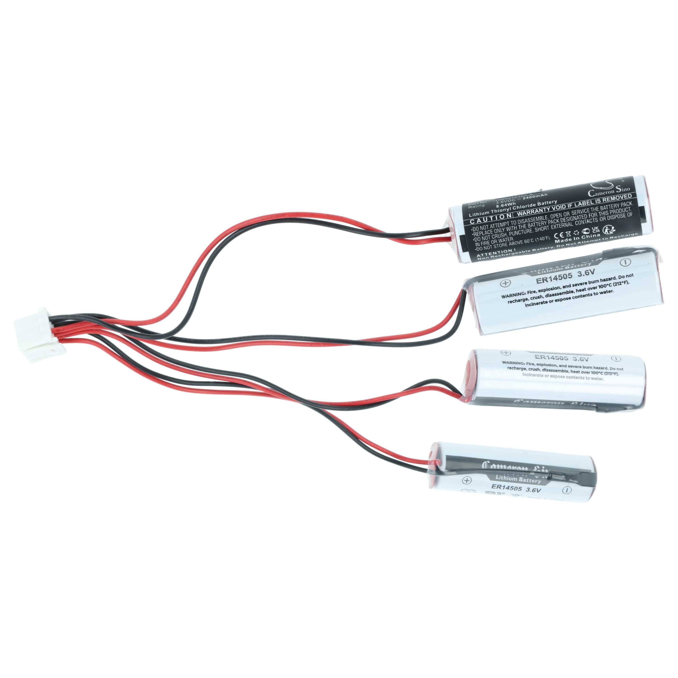 Vier zylindrische, wiederaufladbare Batterien, die durch Kabel miteinander verbunden sind und mit Spannungs- und Kapazitätsetiketten versehen sind. Verwendet für Geräte, die eine Stromreserve benötigen.