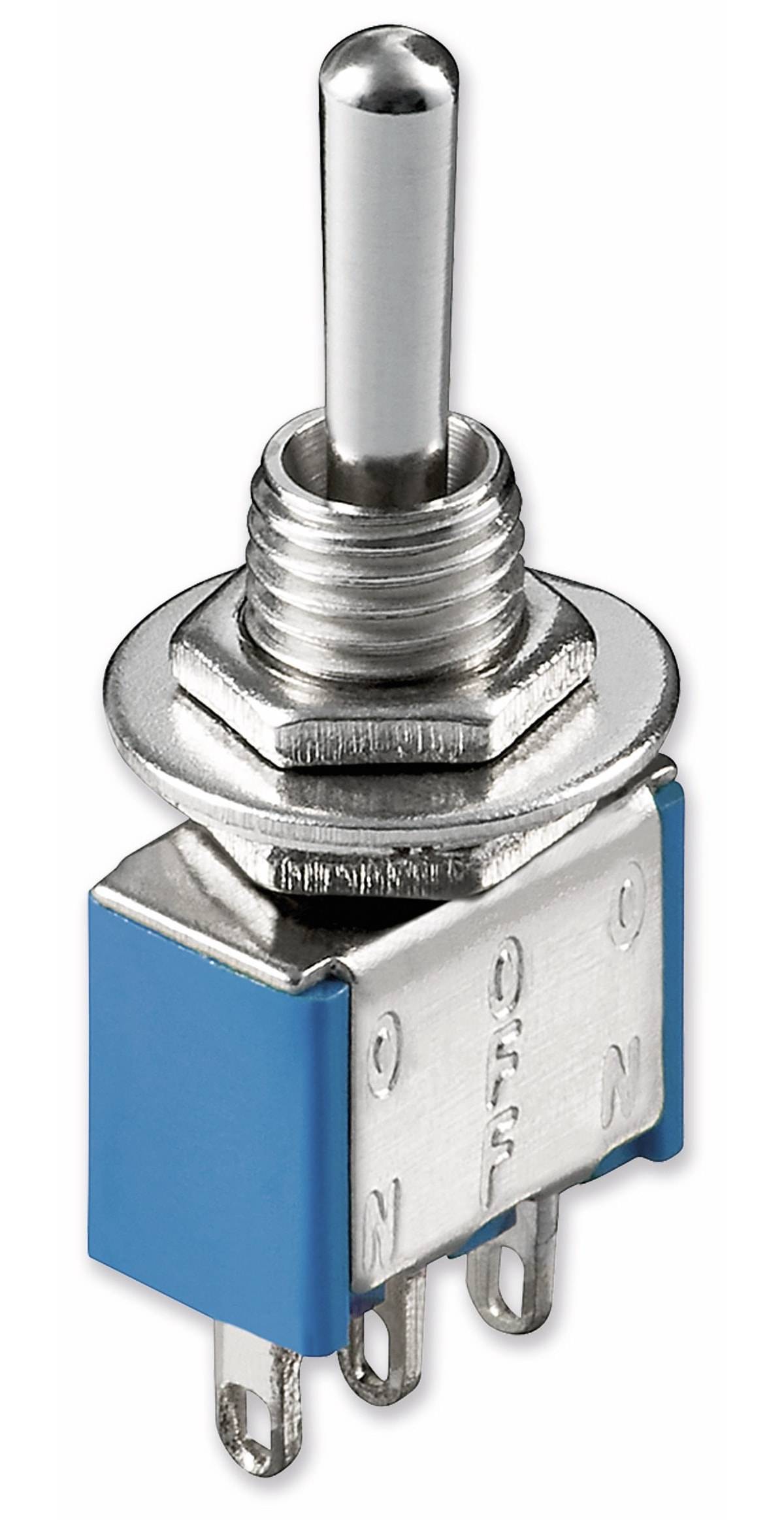 Ein Nahaufnahme eines Metall-Kippschalters in der 'AUS'-Position, eingebettet in einem blauen Gehäuse, mit sichtbaren 'EIN'- und 'AUS'-Beschriftungen.