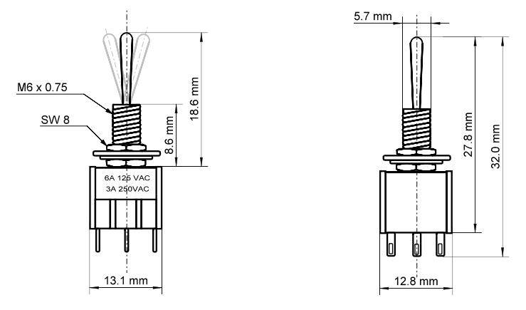 Miniatur Kippschalter, 6 Pin, 2x EIN-AUS-EIN