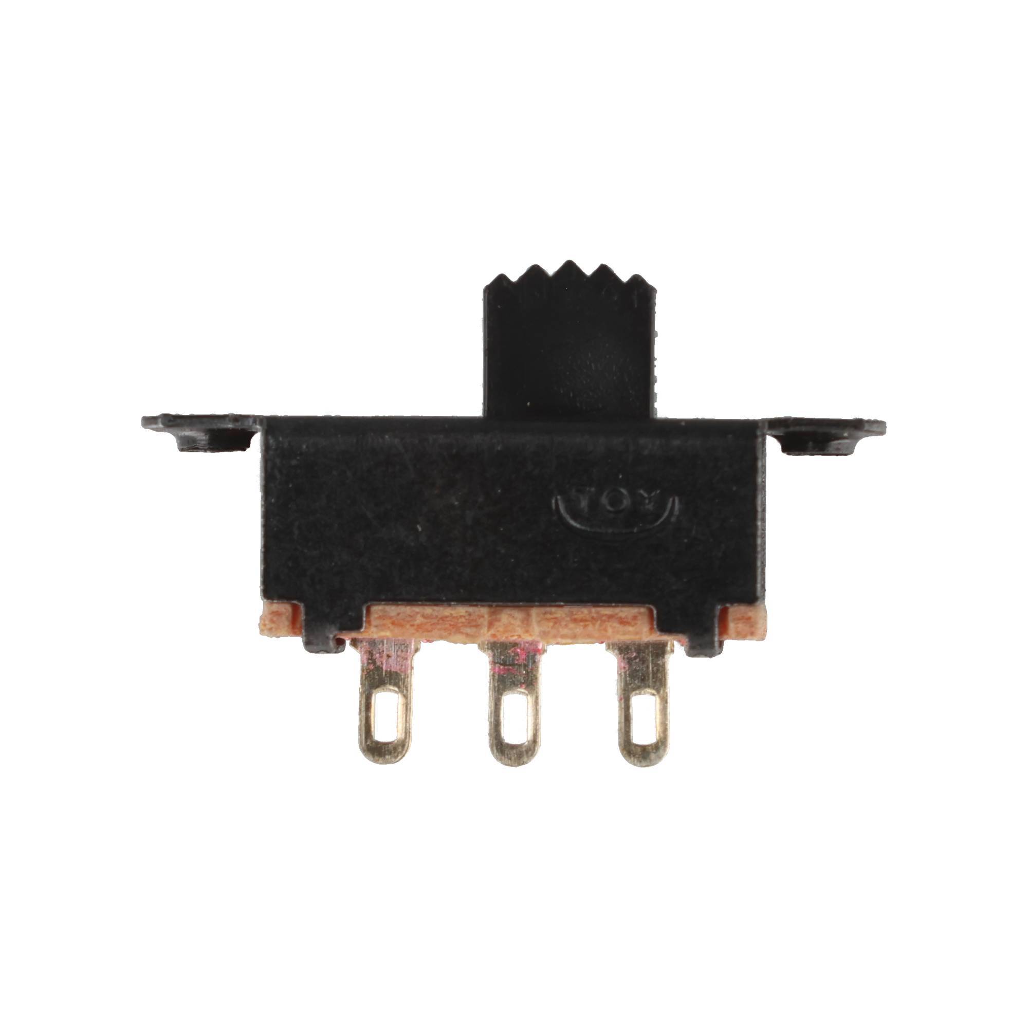 Schwarzer elektronischer Schieberalter mit drei Metallstiften und seitlichen Montagelaschen, dargestellt auf weißem Hintergrund.