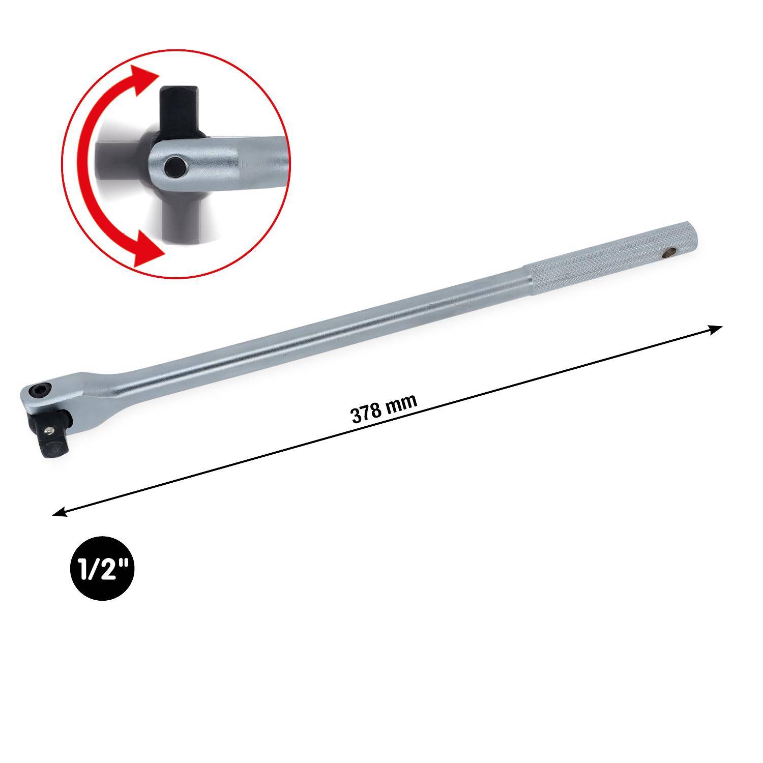 Eine Metallbrechstange mit 1/2"-Antrieb und einer Länge von 378 mm. Eine Einblendung zeigt ein hervorgehobenes Detail des Rotationskopfmechanismus.