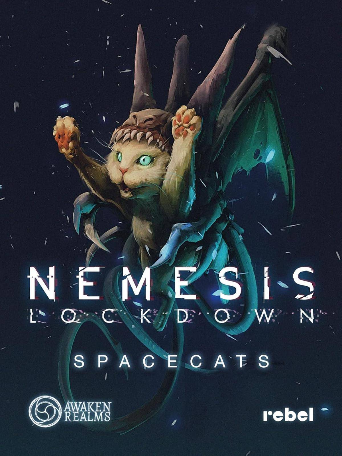 Spielcover-Kunst zeigt eine katzenartige Kreatur in Rüstung vor einem dunklen Weltraum-Hintergrund, mit dem Titel 'Nemesis: Lockdown' und 'Space Cats' sowie den Logos von Awaken Realms und Rebel.