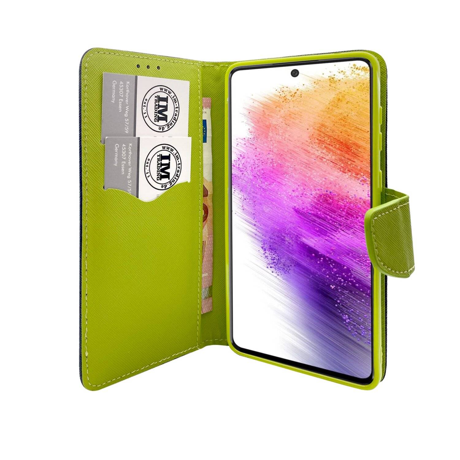Buch Tasche "Fancy" für SAMSUNG GALAXY A73 5G Handy Hülle Etui Schutzhülle mit Standfunktion, Kartenfach Blau-Grün