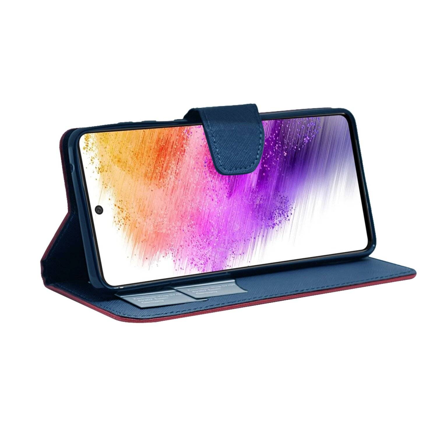 Buch Tasche "Fancy" für SAMSUNG GALAXY A73 5G Handy Hülle Etui Schutzhülle mit Standfunktion, Kartenfach Rot-Blau