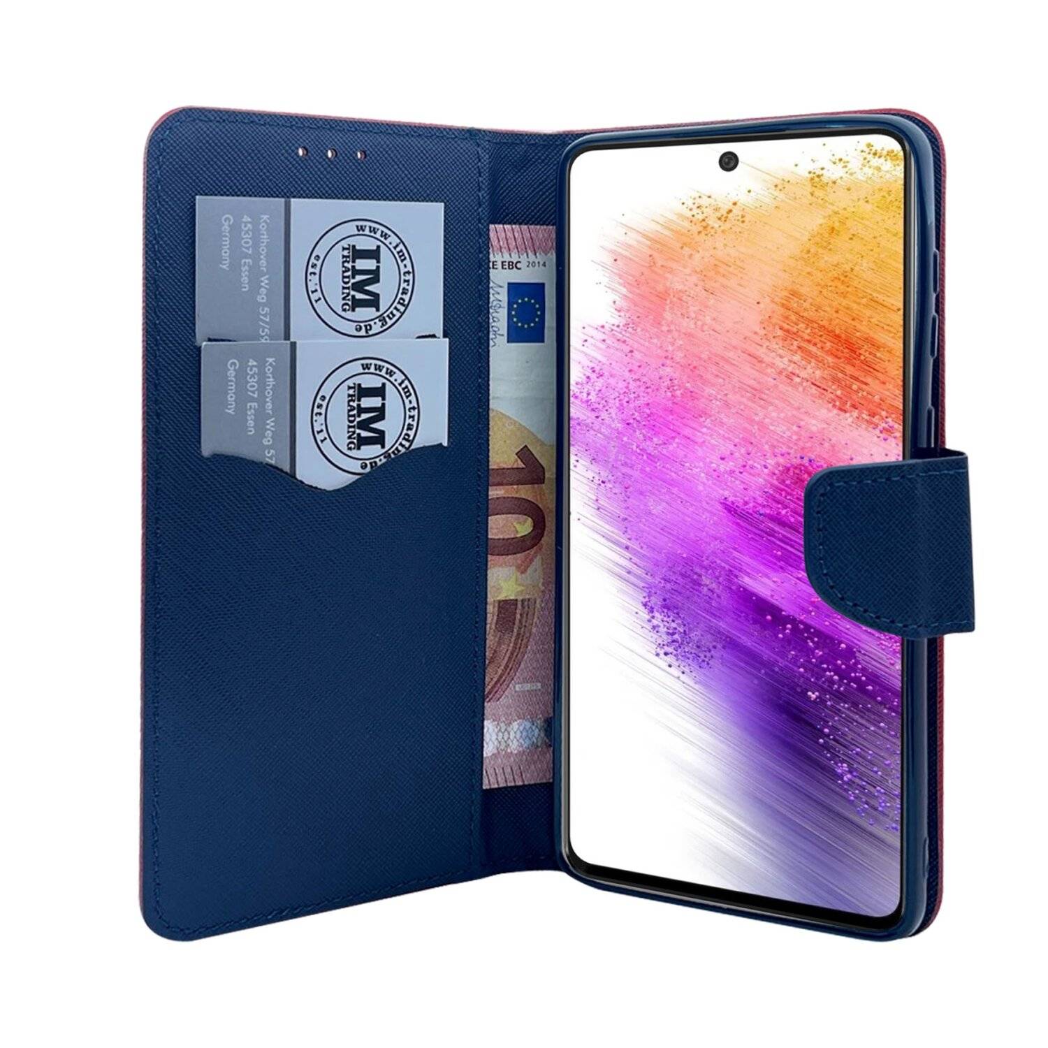 Buch Tasche "Fancy" für SAMSUNG GALAXY A73 5G Handy Hülle Etui Schutzhülle mit Standfunktion, Kartenfach Rot-Blau