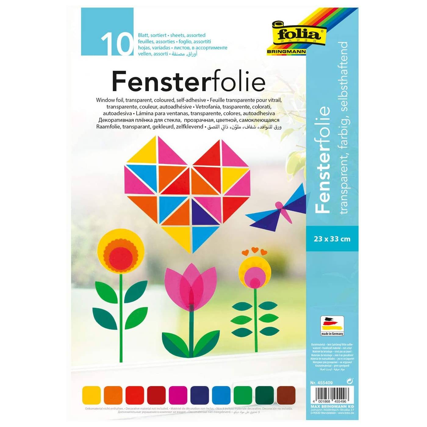 folia 455409 Fensterfolie, 23 x 33 cm, selbsthaftend, 10 Farben, mehrfarbig (10er Pack)