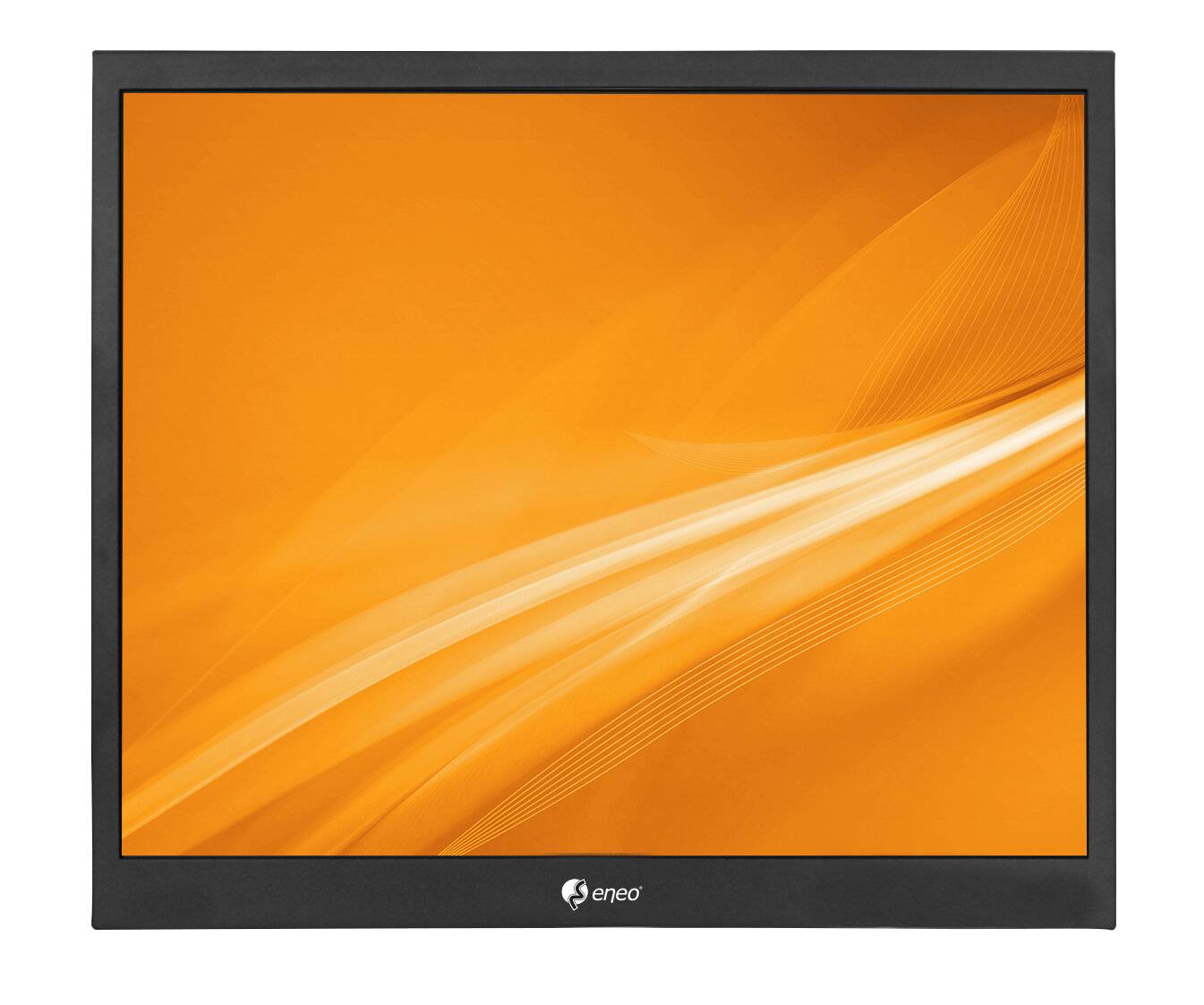 Schwarzrahmen-Eneo-Monitor, der einen abstrakten orangefarbenen Bildschirm mit weißen geschwungenen Lichtstreifen anzeigt.