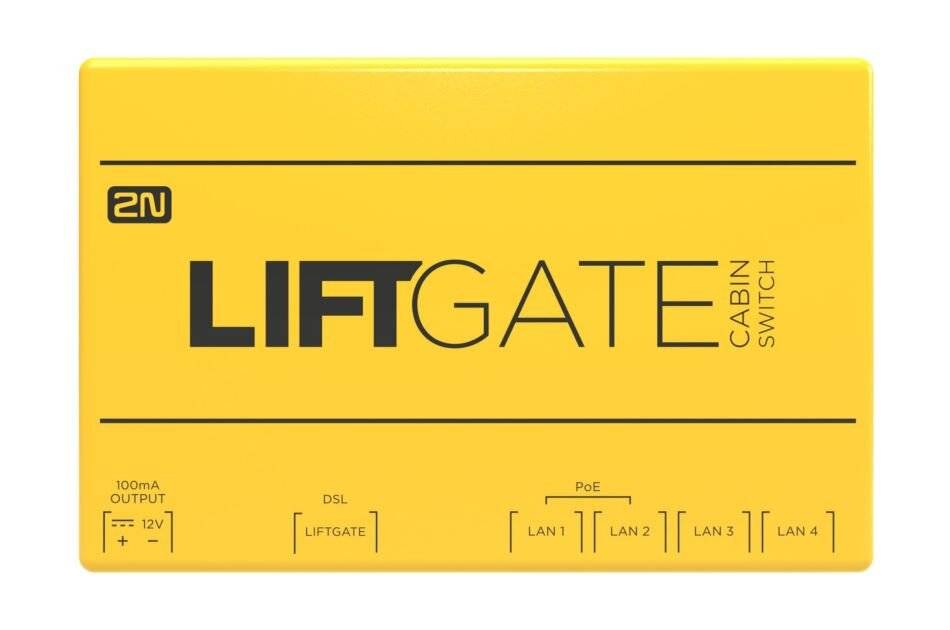 Gelbes 2N LiftGate Kabinenschalter-Panel mit vier LAN-Anschlüssen, DSL und 12V 100mA-Ausgangsbeschriftungen.