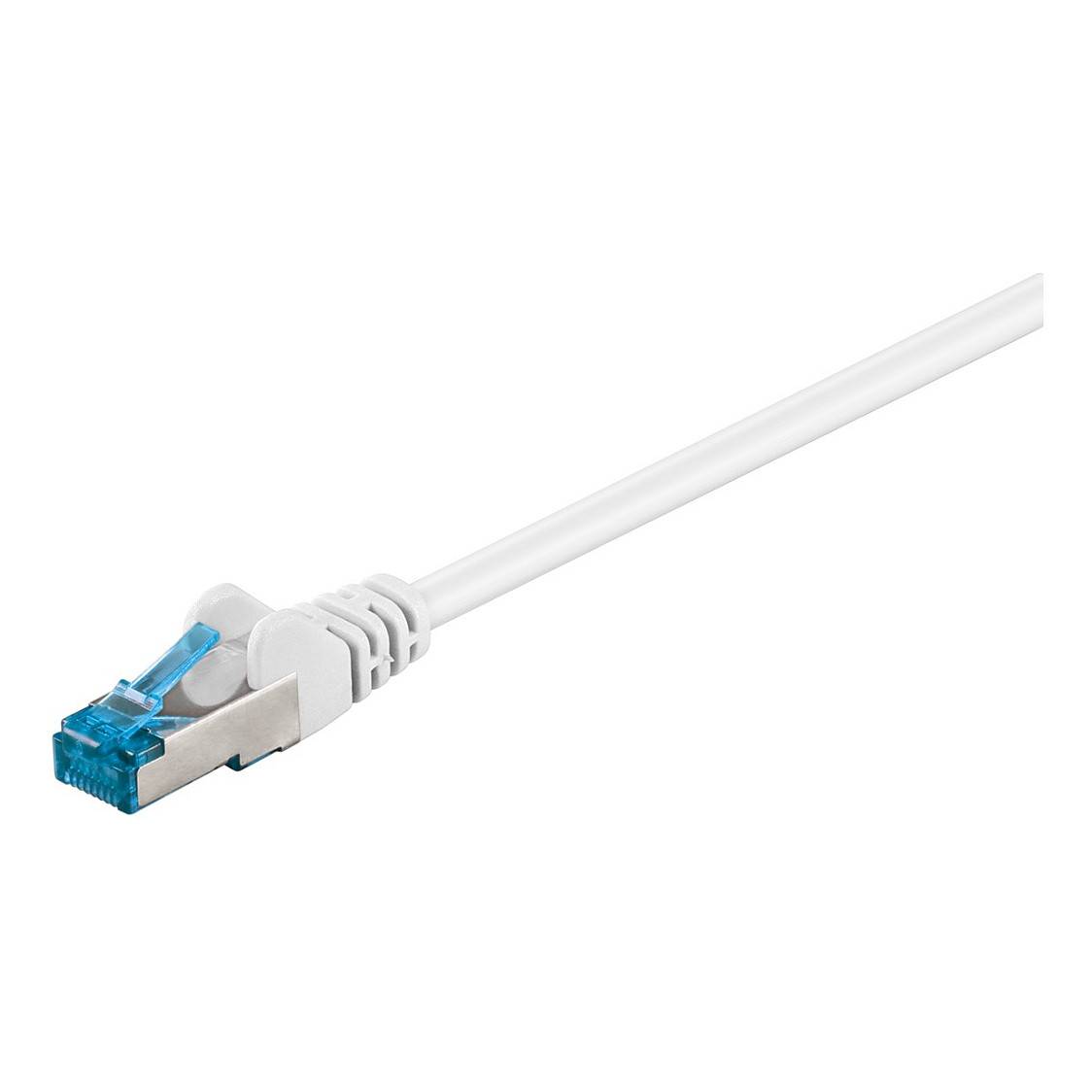 Weißes Ethernet-Kabel mit blauem RJ45-Stecker auf einfachem weißem Hintergrund.