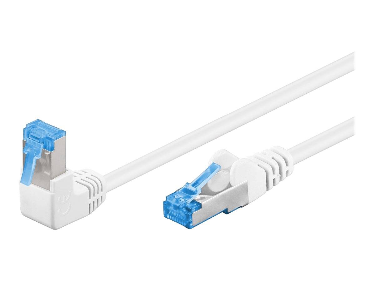 Zwei weiße Ethernet-Kabel mit blauen RJ45-Steckern, eines gerade und eines im rechten Winkel, auf weißem Hintergrund dargestellt.