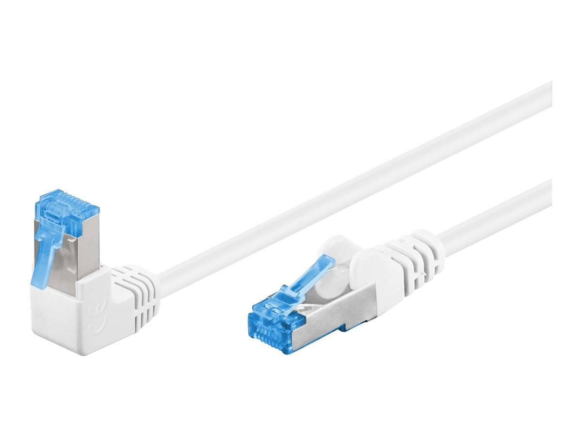 Zwei weiße Ethernet-Kabel mit blauen RJ45-Steckern, eines aufrecht dargestellt und eines im Winkel angeschlossen.