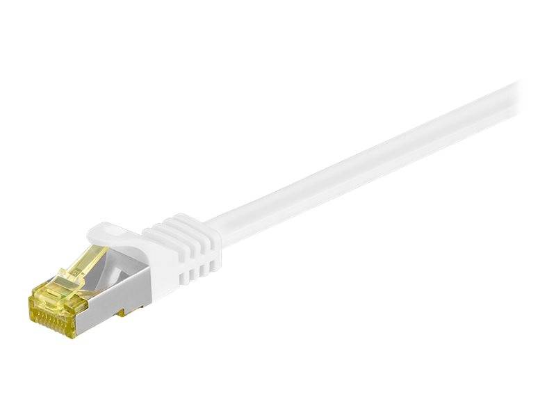 Weißes Ethernet-Kabel mit RJ45-Stecker auf einfachem Hintergrund