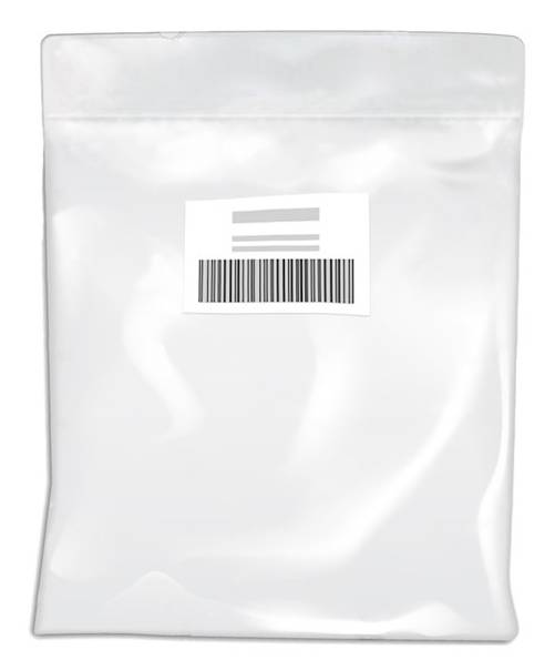 Weißer wiederverschließbarer Kunststoffbeutel mit leerem Etikett und Barcode auf der Vorderseite.