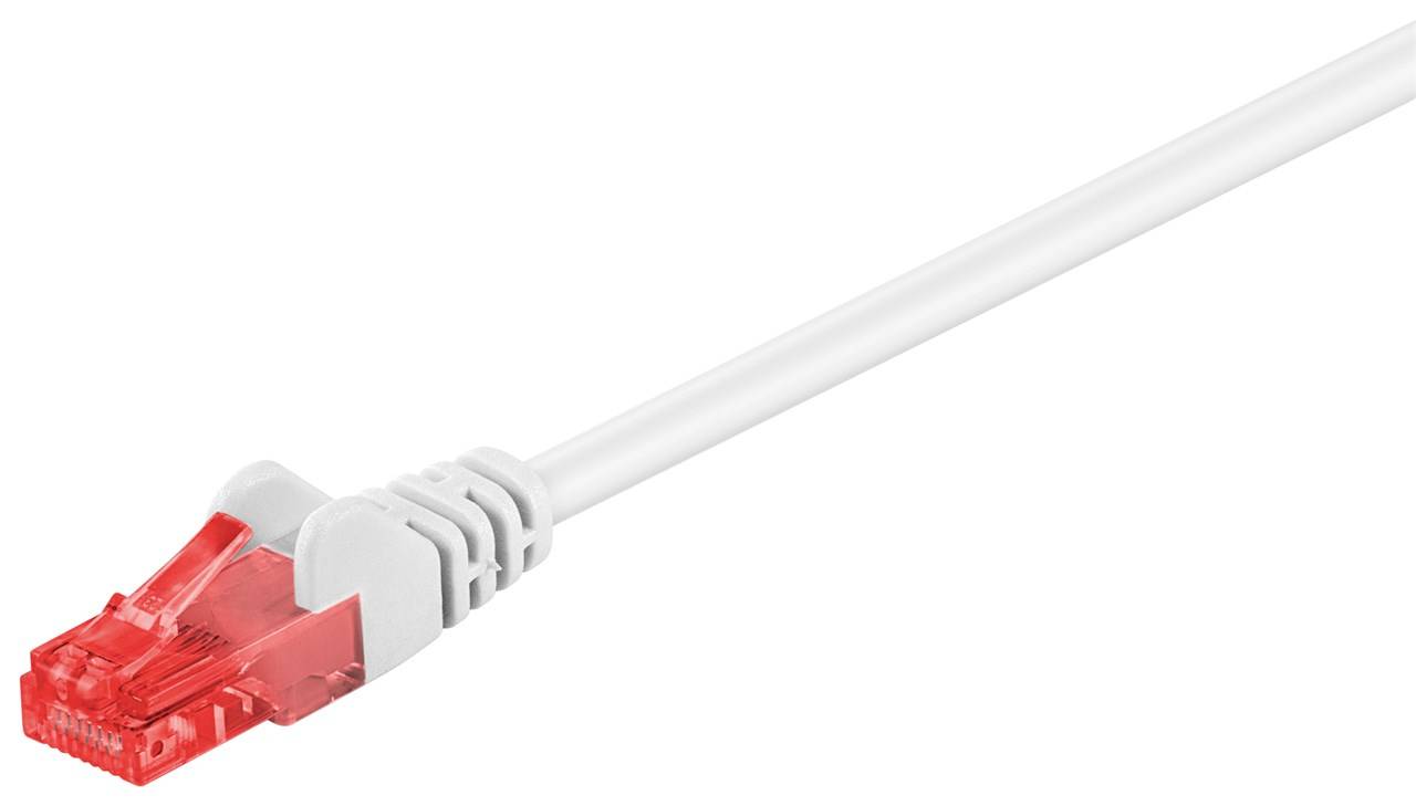 Rotes Ethernet-Kabel mit rotem RJ45-Stecker auf weißem Hintergrund.