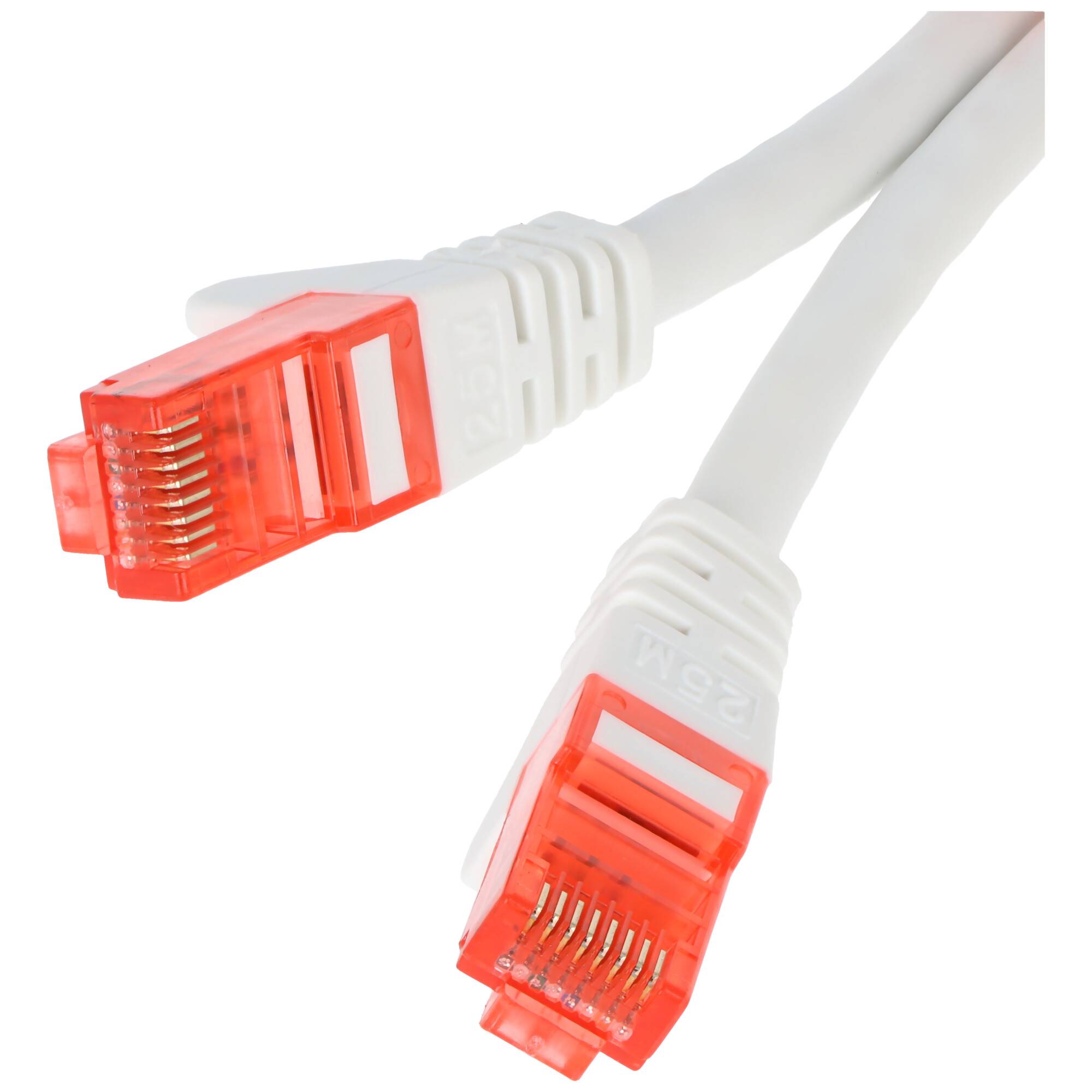 Zwei weiße Ethernet-Netzwerkkabelstecker mit roten transparenten Enden auf weißem Hintergrund.