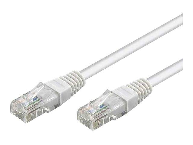 Zwei weiße Ethernet-Kabel mit durchsichtigen RJ45-Steckern auf einfachem weißem Hintergrund.