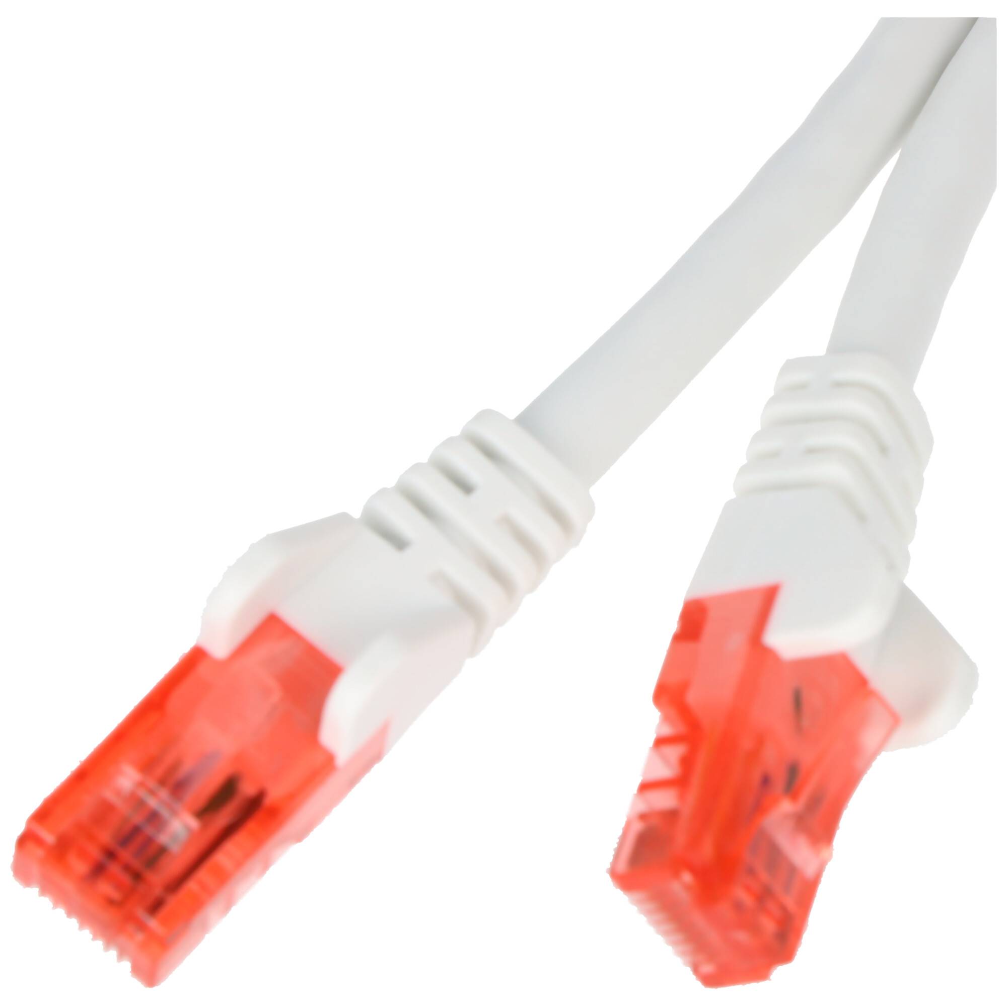 Nahaufnahme von zwei weißen Ethernet-Kabelsteckern mit roten durchscheinenden RJ45-Steckern auf weißem Hintergrund.