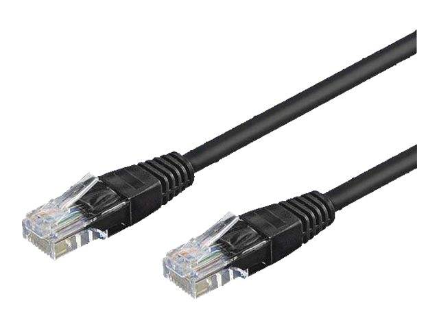 Zwei schwarze Ethernet-Kabel mit RJ45-Steckern auf weißem Hintergrund.
