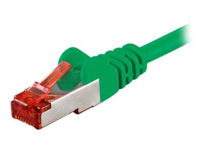 Grünes Ethernet-Kabel mit rotem RJ45-Steckerverbinder auf weißem Hintergrund.