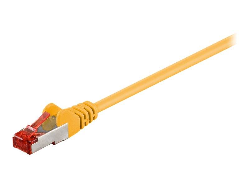Gelbes Ethernet-Kabel mit RJ45-Stecker auf weißem Hintergrund.