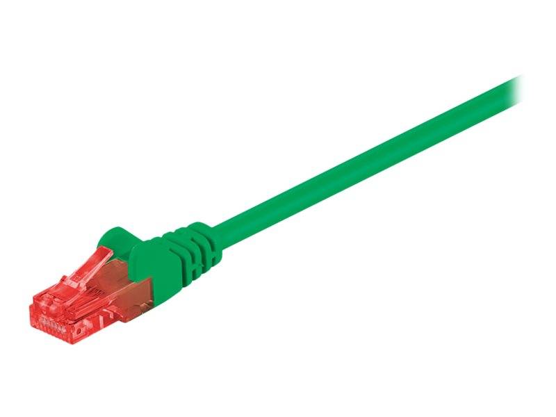 Grünes Ethernet-Kabel mit grünem RJ45-Stecker auf weißem Hintergrund.
