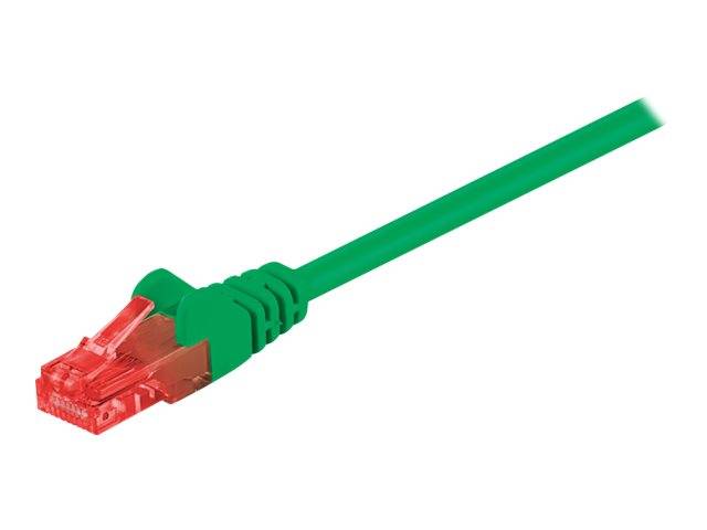 Grünes Ethernet-Kabel mit grauem RJ45-Steckverbinder auf weißem Hintergrund.