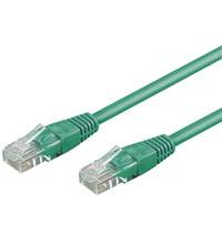 Grünes Ethernet-Kabel mit zwei transparenten RJ45-Steckern auf weißem Hintergrund.