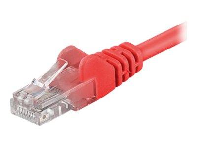 Nahaufnahme eines roten Ethernet-Netzwerkkabels mit einem RJ45-Stecker auf weißem Hintergrund.