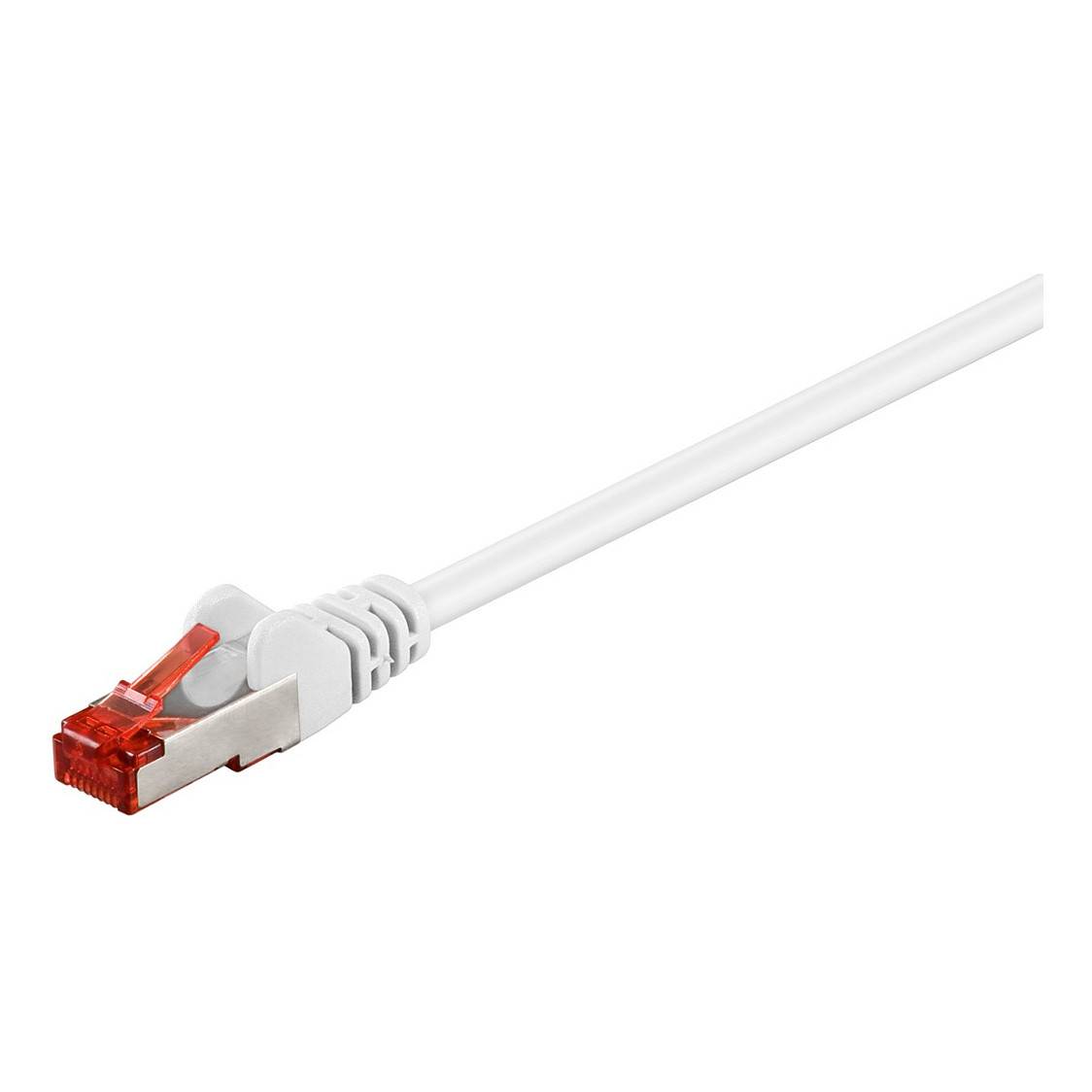 Weißes Ethernet-Kabel mit rotem RJ45-Stecker auf einfachem Hintergrund.