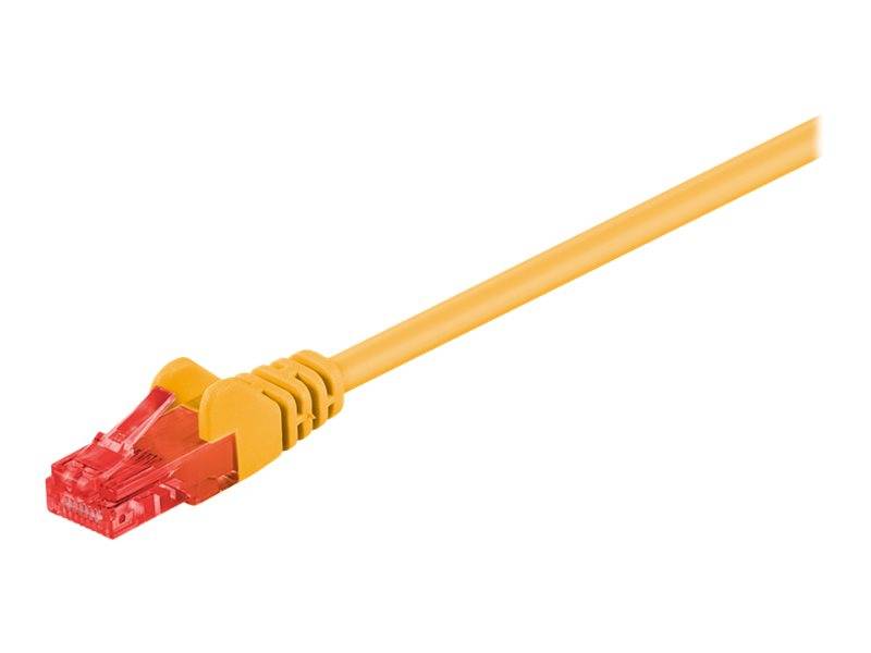 Gelbes Ethernet-Netzwerkkabel mit rotem RJ45-Stecker auf weißem Hintergrund.