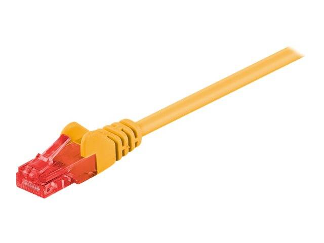 Gelbes Ethernet-Kabel mit rotem RJ45-Stecker auf weißem Hintergrund.