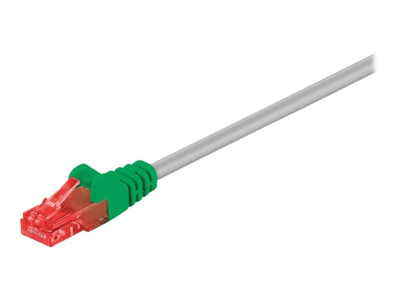 Ethernet-Kabel mit einem roten RJ45-Stecker und grüner Zugentlastung auf einem grauen Kabel, dargestellt auf weißem Hintergrund.