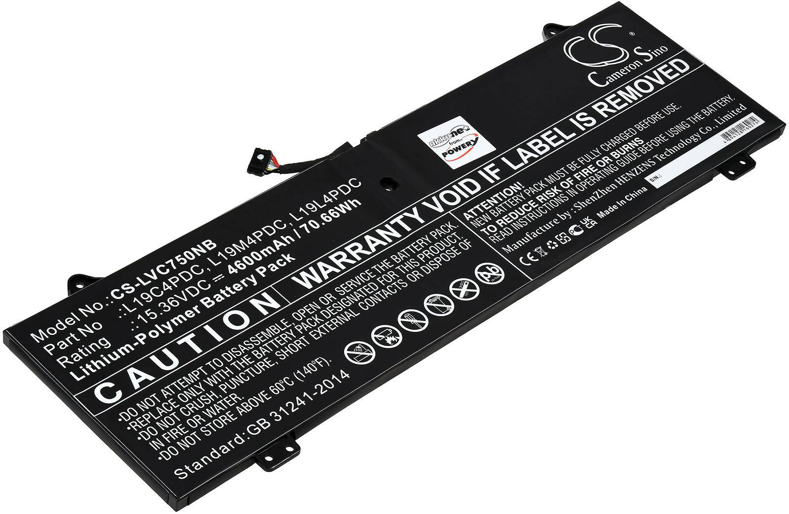 Powery Akku passend für Laptop Lenovo Yoga C750-14ITL, Yoga 7 14, Typ L19C4PDC, 15,36V, Li-Polymer