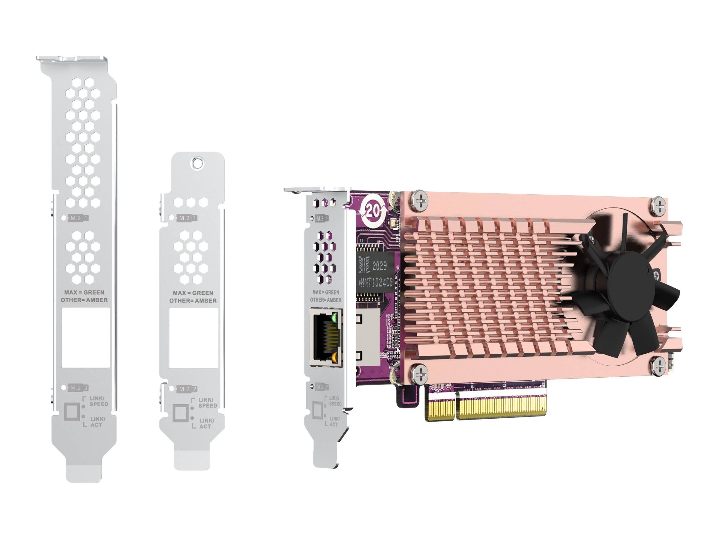 PCIe-Netzwerkkarte mit zwei Metallhalterungen und dem Kupferkühler sowie dem Lüfter der Karte, von vorne und hinten gezeigt, um die Montageoptionen zu veranschaulichen.