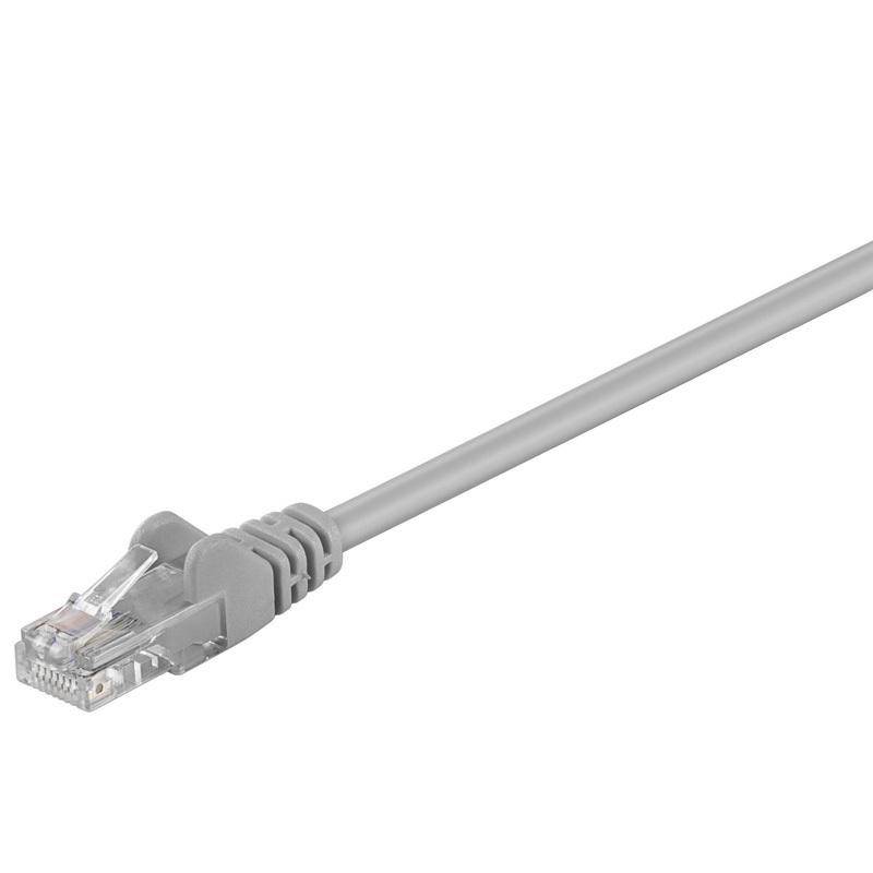 Ein graues Ethernet-Kabel mit einem RJ45-Stecker auf weißem Hintergrund.