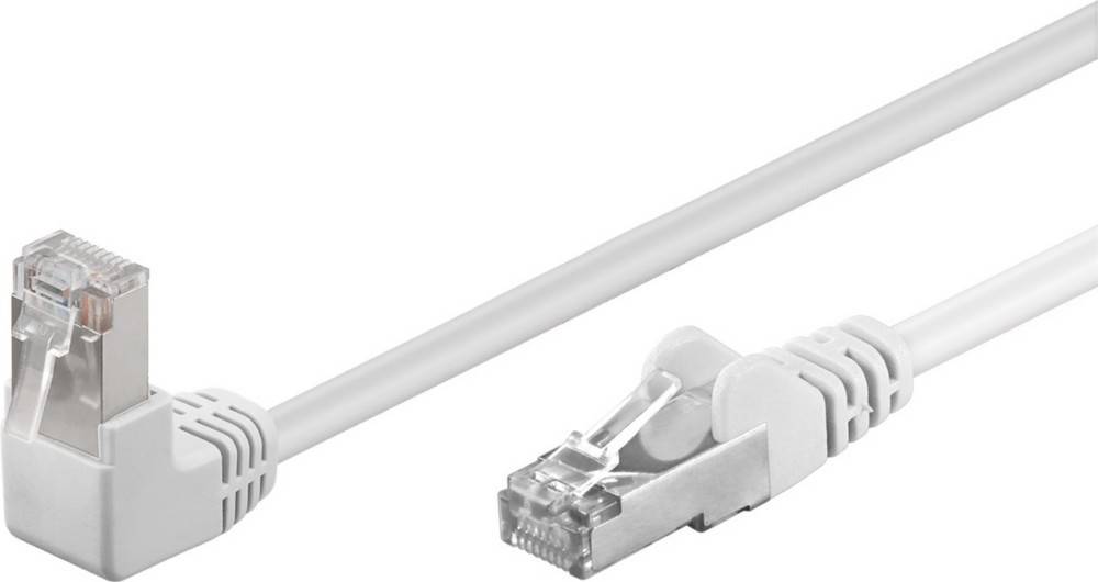 Ein weißes Ethernet-Kabel mit einem RJ45-Stecker am Ende, auf weißem Hintergrund dargestellt.