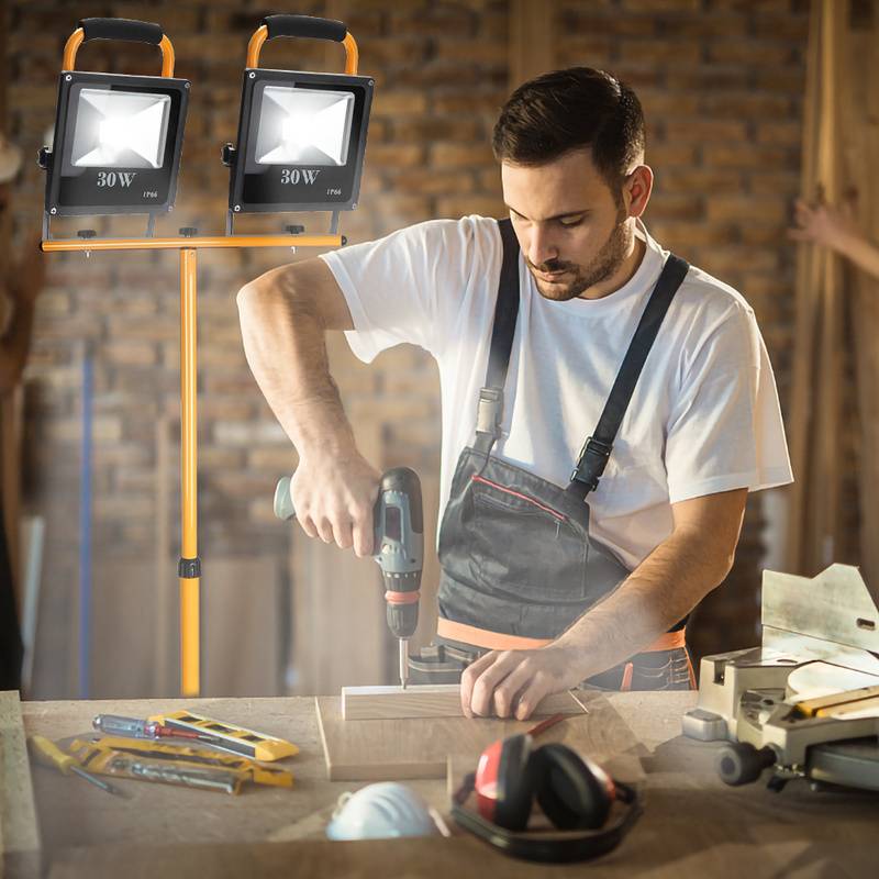 LED Akku Fluter Baustrahler Arbeitsleuchten mit Teleskopstativ Kaltweiß LED Arbeitsscheinwerfer 2x30W+1xStativ Fluter Flutlicht