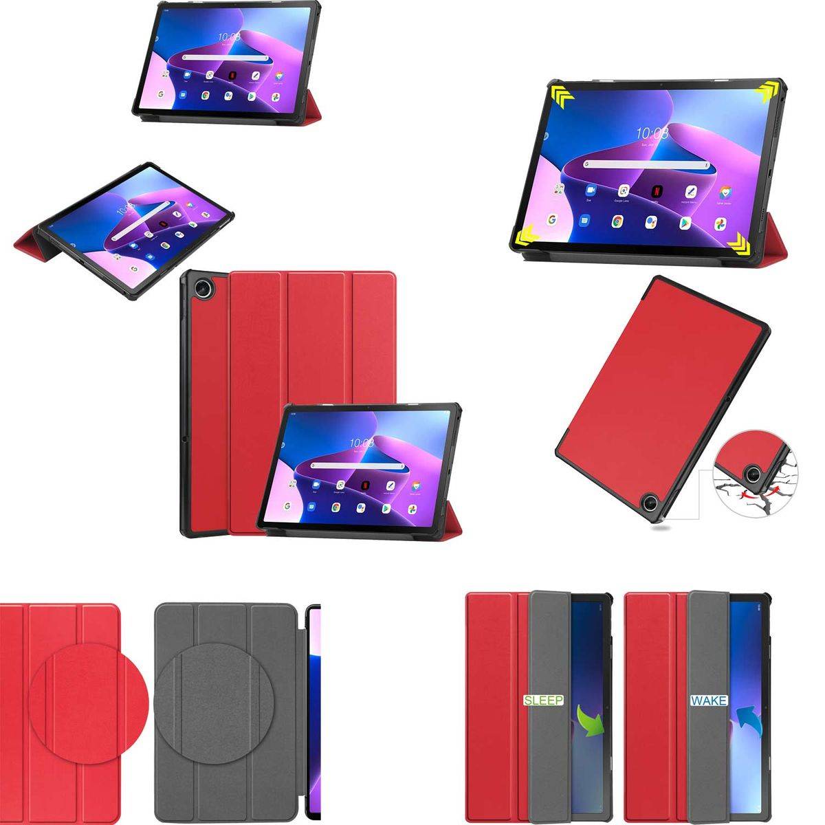 Für Lenovo M10 Plus 2022 3. Gen 10.6 Zoll 3folt Wake UP Smart Cover Rot Tasche Etuis Hülle