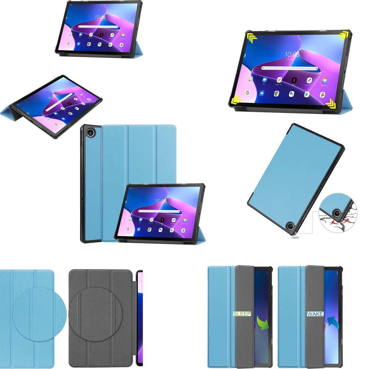 Für Lenovo M10 Plus 2022 3. Gen 10.6 Zoll 3folt Wake UP Smart Cover Hell Blau Tasche Etuis Hülle