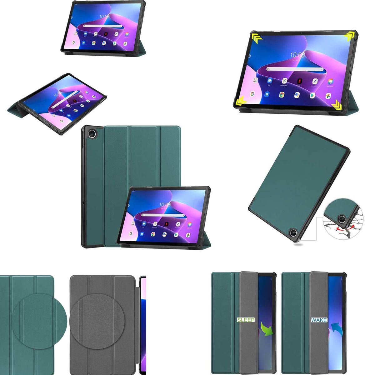 Für Lenovo M10 Plus 2022 3. Gen 10.6 Zoll 3folt Wake UP Smart Cover Grün Tasche Etuis Hülle