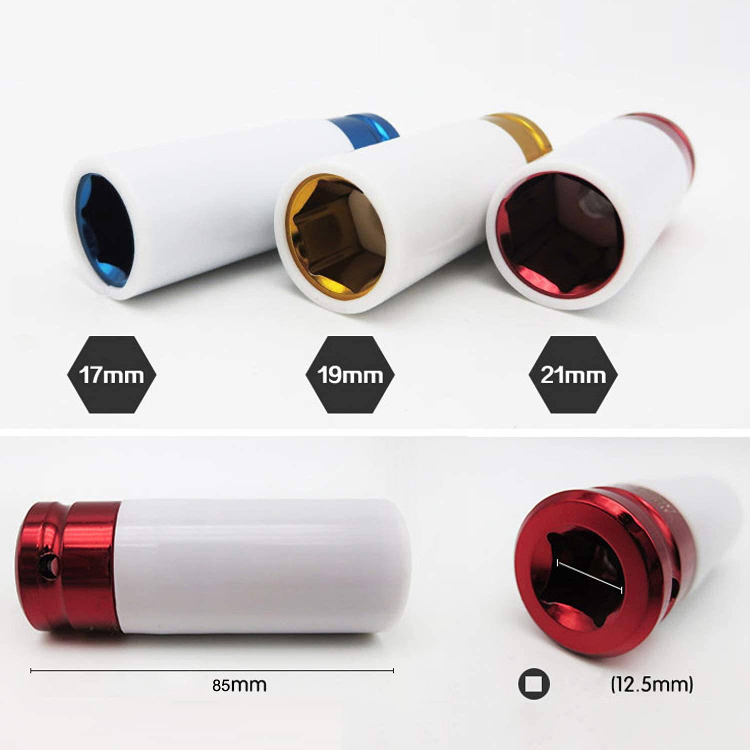 3tlg Kraft Schoneinsätze Steckschlüssel Schlagschrauber Nüsse Alufelgen Nuss Set 1/2"17-19-21mm