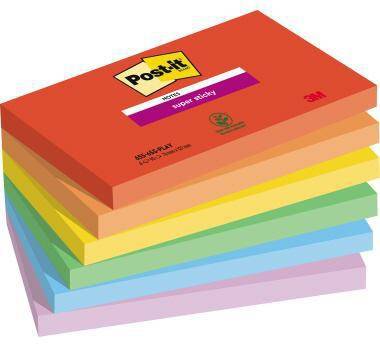 Stapel mehrfarbiger Post-it-Notizblöcke, dargestellt in einer Produktabbildung mit dem oberen Notizblock beschriftet mit „Post-it