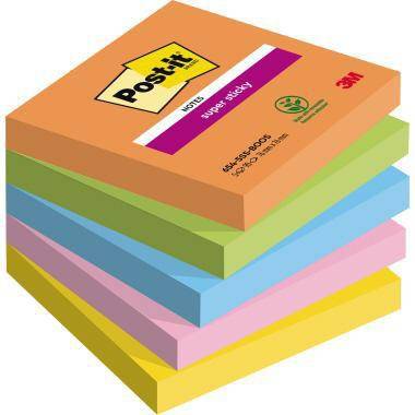 Stapel von bunten Post-it Super Sticky Haftnotizblöcken in Orange, Grün, Blau, Rosa und Gelb.