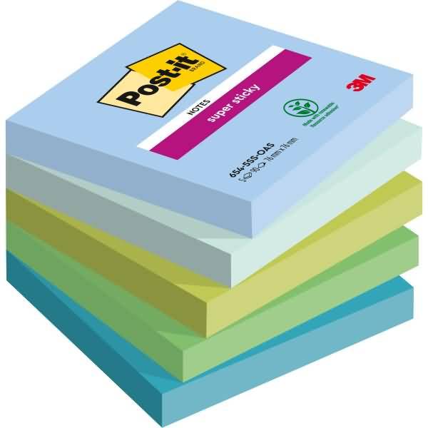 Stapel von Post-it Super Sticky Notizzetteln in Pastellfarben, gezeigt als Produktbild auf weißem Hintergrund.