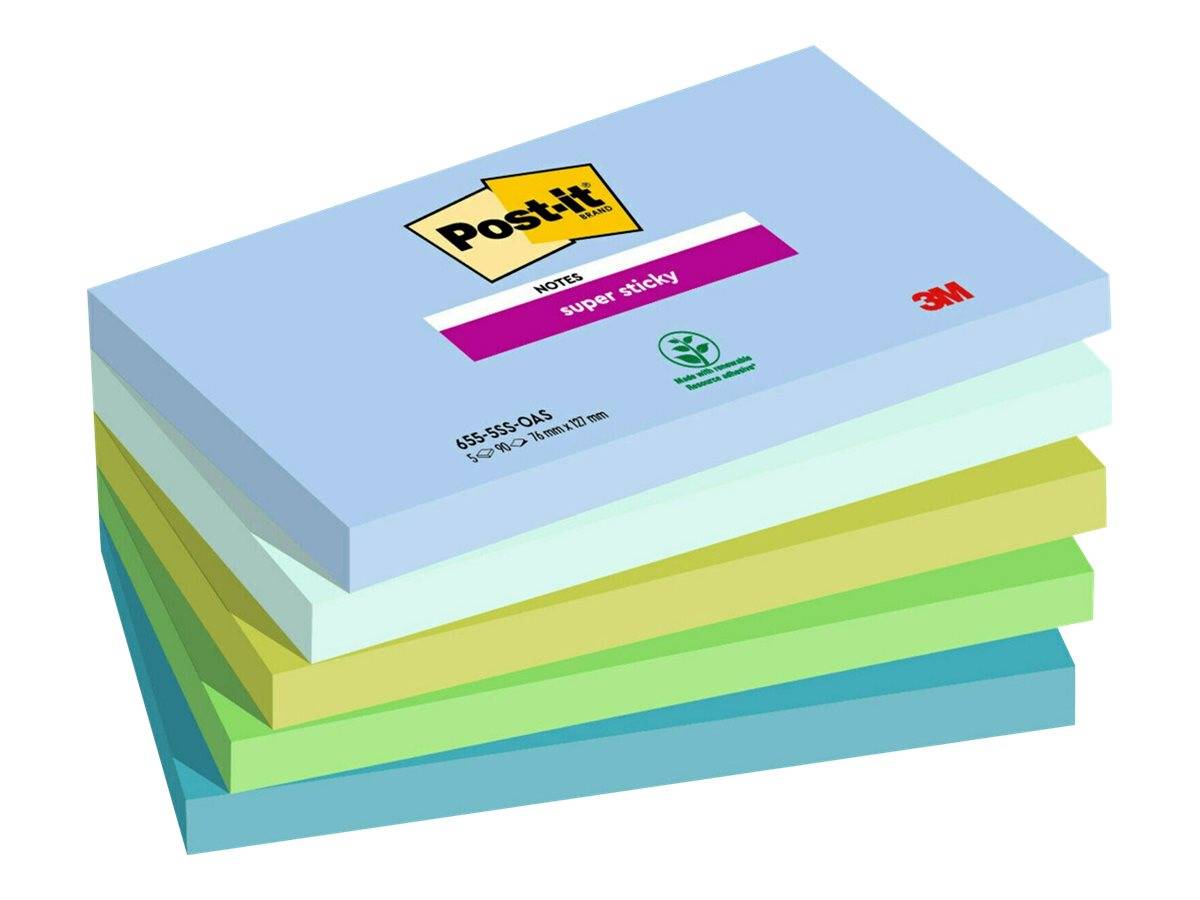 Stapel von bunten Post-it Super Sticky Notizblocken mit einem blauen oberen Notizblock mit der Marke „Post-it