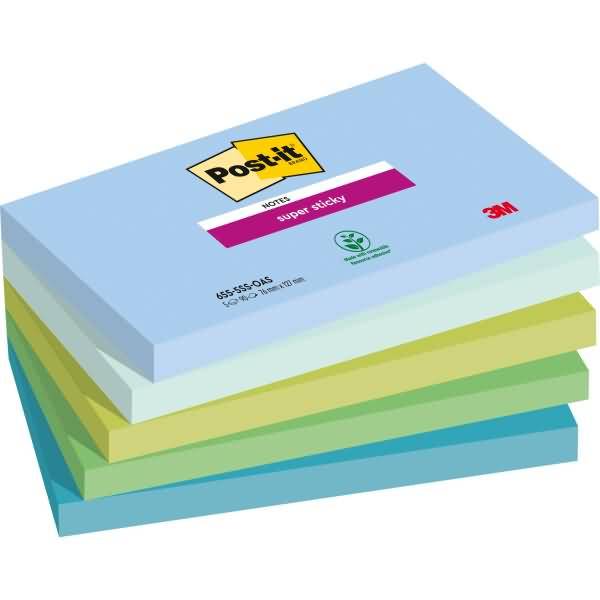 Stapel von Post-it Super Sticky Haftnotizen in Pastellfarben, dargestellt als Produktpaket mit den Post-it- und 3M-Logos.