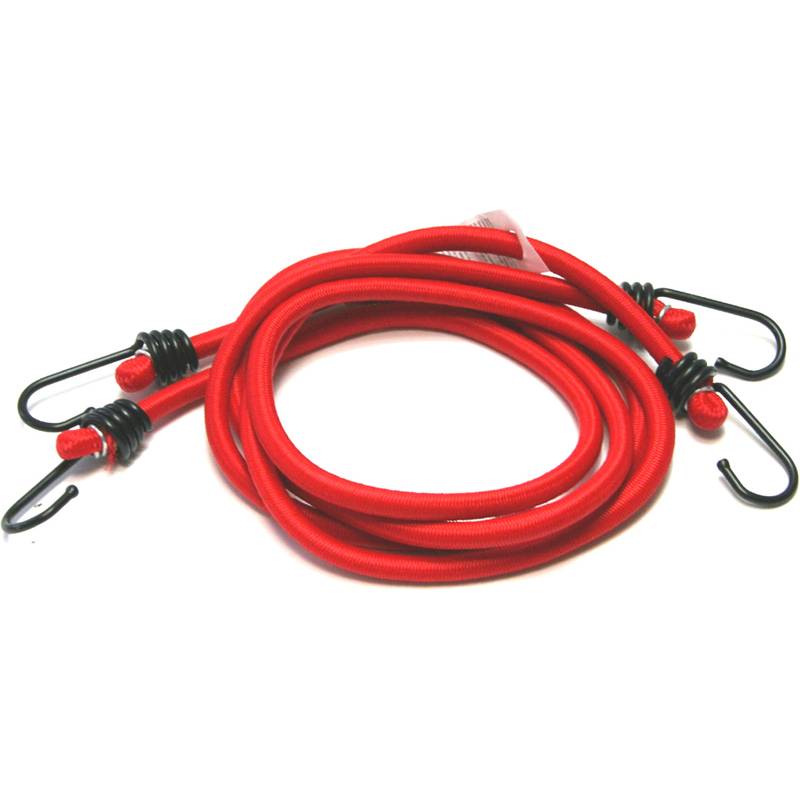 Eine rote Spanngummischnur, aufgerollt mit schwarzen Metallhaken an beiden Enden, zum Befestigen von Gegenständen.