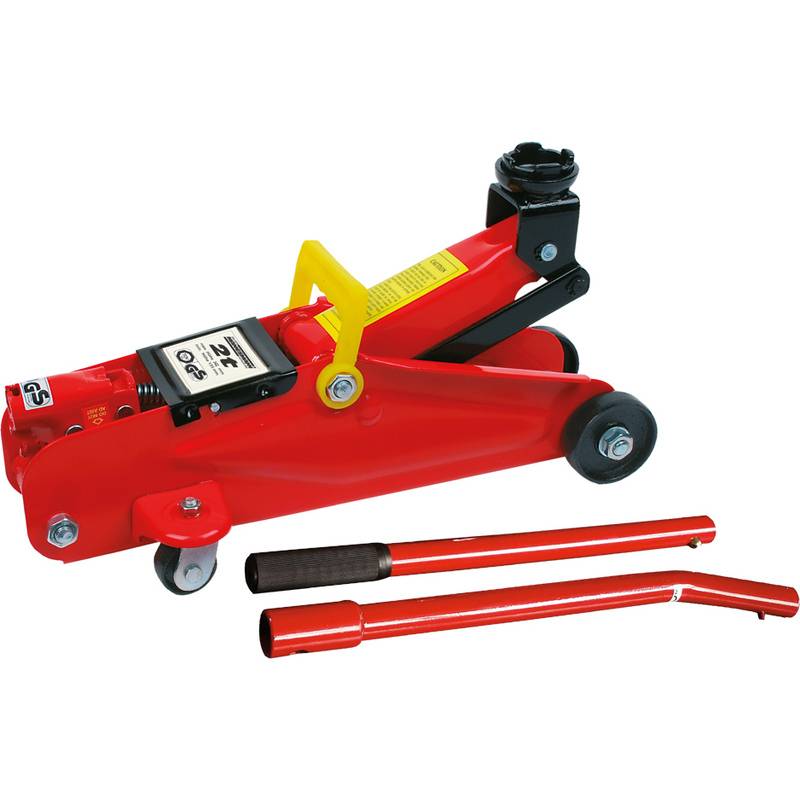 Roter hydraulischer Bodenwagenheber mit gelbem Griff und schwarzem Deckel. Beinhaltet zwei abnehmbare Griffe. Entwickelt zum Anheben von Fahrzeugen.